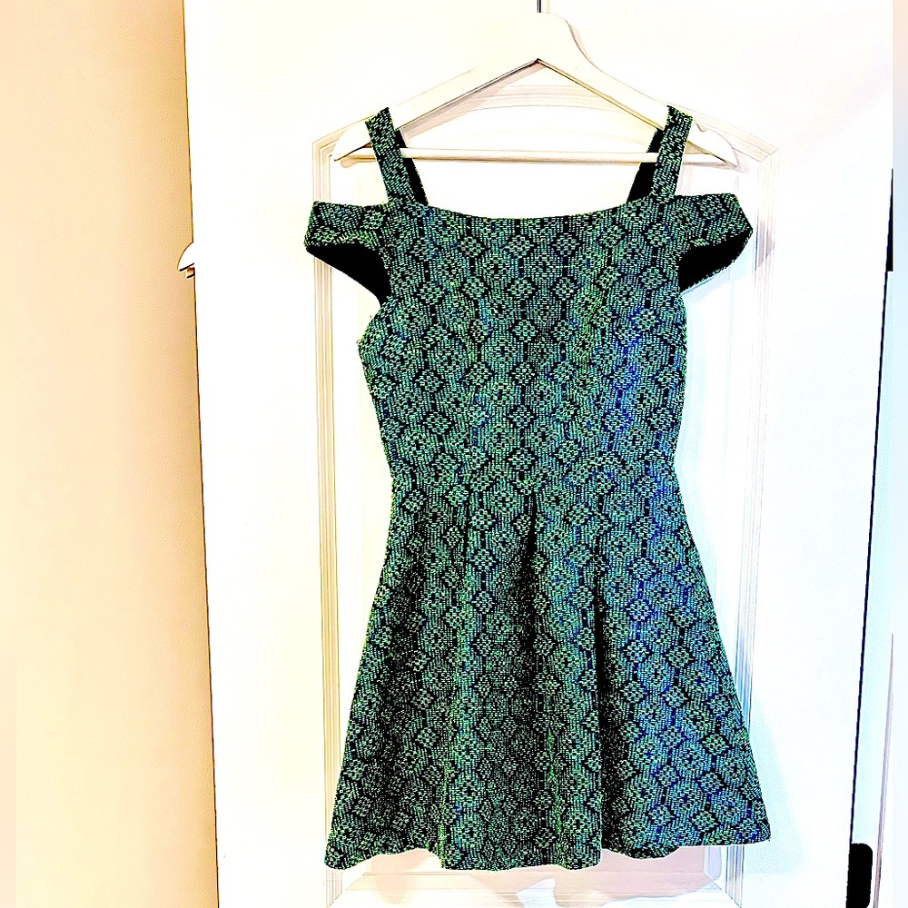 Green brocade mini dress Mustard Seed. green textured with blue sparkle thread
